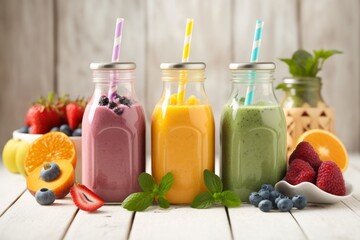 Smoothies with a variety of fruits and veggies in glass bottles, AI generated. Ingredients for a fresh, organic smoothie. Superfoods and the idea of healthy or detox.