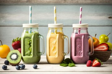 Smoothies with a variety of fruits and veggies in glass bottles, AI generated. Ingredients for a fresh, organic smoothie. Superfoods and the idea of healthy or detox.