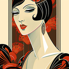 Portrait of elegant woman, Art Deco style illustration. AI generated image.	