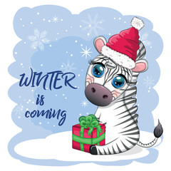 Greeting card with cute zebra in santa hat with christmas ball, candy kane, gift. Wildlife holidays cartoon character.
