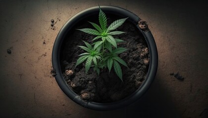 Young cannabis bush seedling in pot, growing marijuana at home, top view. generative ai
