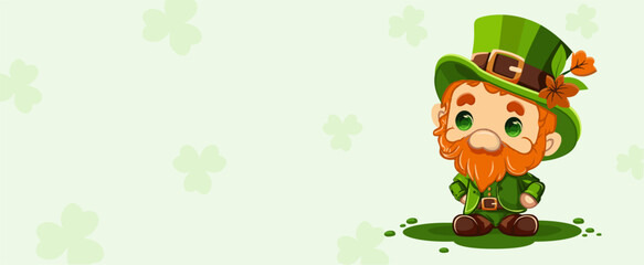 Postcard Happy St. Patrick's Day. Cute beautiful leprechaun with clover for luck in cartoon style. Dwarf. Colorful banner, logo, signboard, emblem. 
Vector image