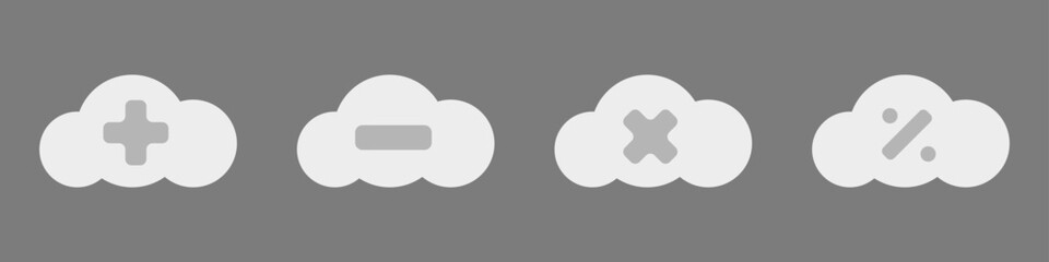 Vector set of mathematical symbols in clouds. Cloud service math symbols plus minus division multiplication. Vector set of signs for mathematical operations.