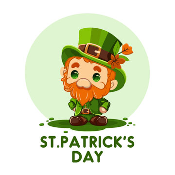 Postcard Happy St. Patrick's Day. Cute beautiful leprechaun with clover for luck in cartoon style. Dwarf. Colorful banner, logo, signboard, emblem. 
Vector image