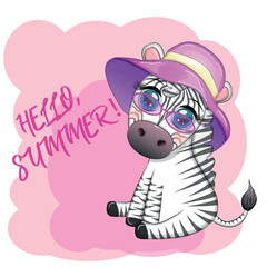 Cute zebra in a beach hat, childish character. Animal in summer clothes. Summer holidays, vacation