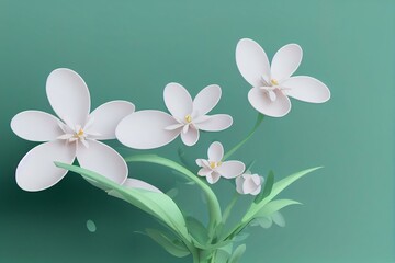 Fototapeta na wymiar 3D display podium pastel green background. White flower with leaf. Nature Blossom minimal pedestal for beauty, cosmetic product presentation. Summer and spring Feminine copy space. Generative AI