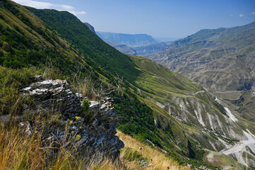 Fototapeta na wymiar Beautiful panoramic view of the mountains with forests on a sunny summer day. Dagestan