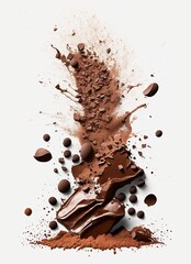 Fototapeta premium Cacao and dark chocolate explosion. Powder, particles and splashes isolated on white background. Generative AI.