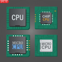 Vector set Icon of computer chips. The processor has the inscription: CPU, chip, micro-chip, processor