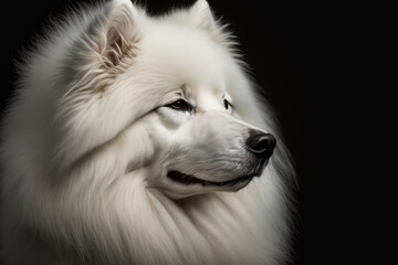 Portrait of a Samoyed dog in front of dark background. Generative AI