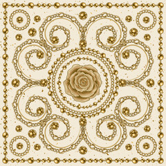 Tile ornament with golden chains, beads, beige rose on textured light background. Ornate lacy pattern in baroque vintage style