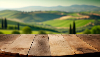 Empty wooden table top product display showcase with blurred  green hills of Tuscany background. Generative ai