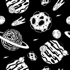 Open space. UFOs, spaceships, rockets. Solar system, Intergalactic travel. Galaxies, planets, asteroids, comets, shooting stars. Black and white pattern. Vector.