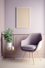 Mock up poster frame in interior background. Minimalist style chair and light empty banner with beige frame on the wall. Generative AI