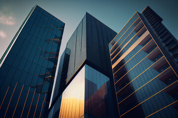 Low angle image of typical contemporary office towers, tall structures with glass facades.generative ai