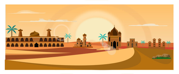Middle Eastern city under the intense midday sun. Arabian desert landscape with traditional brick and stone buildings. Islamic architecture. Culture and Religion. vector illustration