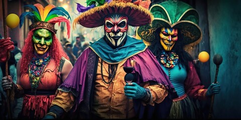 Fototapeta na wymiar People wearing colorful masks and costumes celebrating mardi gras also known as fat tuesday last day of carnival season before lent, created with Generative AI technology