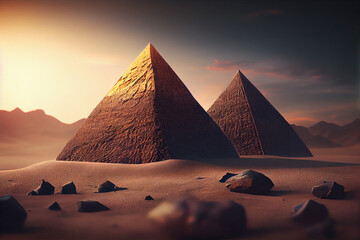  egyptian pyramids in desert with evening .generative ai