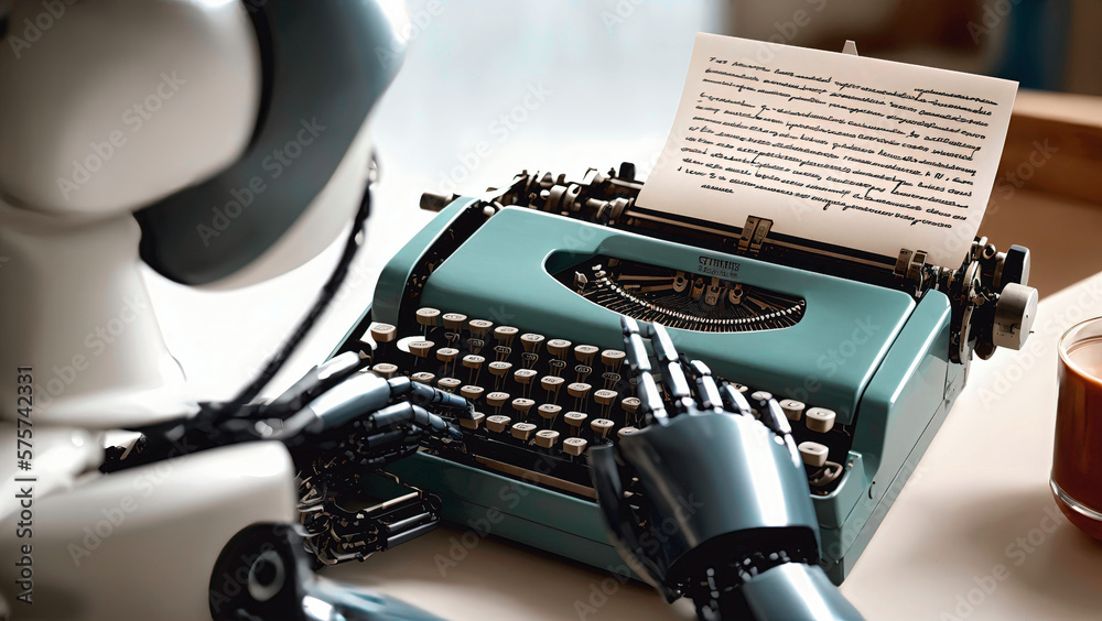 Wall mural back view of cyborg robot writing a story using old typewriter with empty white page, generative ai