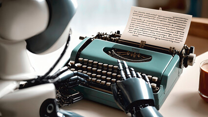 back view of cyborg robot writing a story using old typewriter with empty white page, generative AI