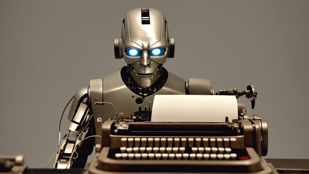 cyborg robot sitting behing an old typewriter and looking angry at viewer, generative AI