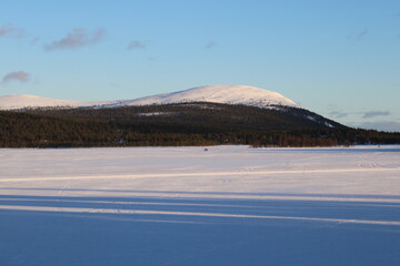 The frozen lake of Äkäslompolo, a village in the municipality of Kolari in Finland's Lapland region.