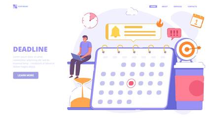 Deadline,desk calendar, hourglass, coffee, time management, manager pressure at workplace, time planing, working overtime. Flat design concept for landing page.Vector illustration with tiny characters