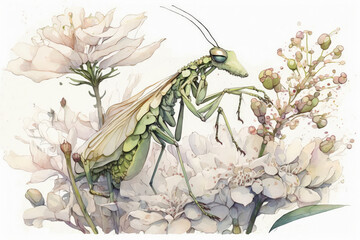 Beautiful praying mantis watercolor illustration made with Generative AI - obrazy, fototapety, plakaty