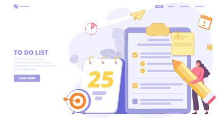 To do list application, list of tasks online, to do reminder app, checklist, successful business plan tasks. Flat design concept for landing page. Vector illustration with tiny characters.