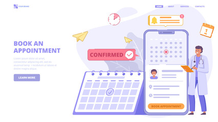 Book an appointment online, visit hospital, schedule meeting with doctor on the calendar selecting the date. Flat design concept for landing page. Vector illustration with tiny characters.