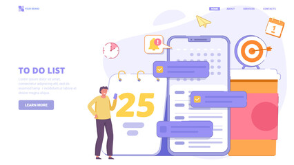 To do list application, list of tasks online, to do reminder app, checklist, successful business plan tasks. Flat design concept for landing page. Vector illustration with tiny characters.
