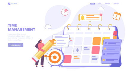 Schedule management, list of tasks online, time planning, checklist, calendar application. Flat design concept for landing page. Vector illustration with tiny characters.