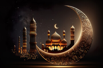 Ramadan kareem and Ramadane mubarak. Shiny Exquisite Crescent Moon With Carved Mosque On Night Background. Generative Ai