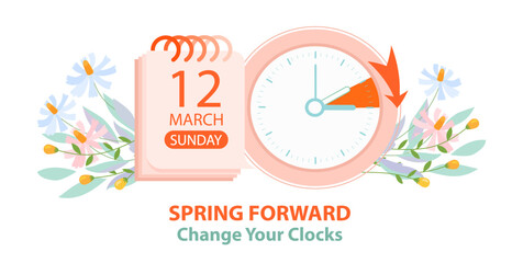 Spring Forward. Daylight Saving Time Begins concept Banner in vintage style. Banner reminder with date of march 12, 2023 for Canada and USA - obrazy, fototapety, plakaty