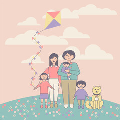 Korean family walking in park with dog and kit. Happy Asian family mother, father, children. Motherhood and fatherhood. Man, woman, boy, girl rest on holiday. Cartoon character vector illustration.