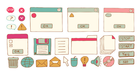 Retro pc elements, user interface, operating system, windows, icons in trendy retro style. old computer ui elements dialog boxes vector set. Illustration 90s. Vector illustration