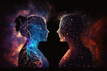 Man and woman silhouettes abstract cosmic background. Generative AI.