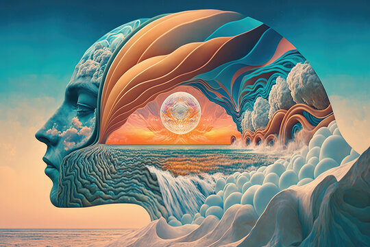 Psychic waves, wellness and experimentation, escapism illustration. Generative AI.