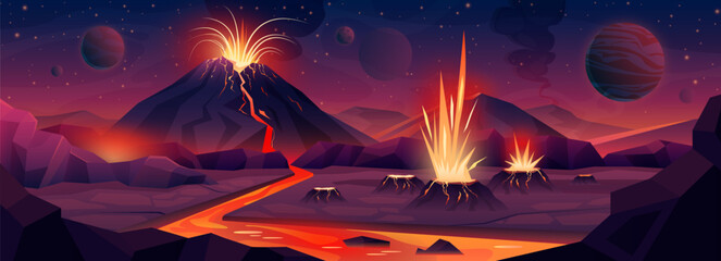 Eruption of golden magma and lava from volcano in alien landscape vector illustration. Cartoon fantasy exploding of plasma and fire in outer space, planet with volcanic mountains on cosmic background © Flash Vector