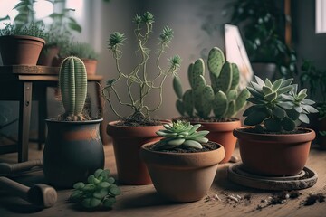 Indoor Plant Care: Repotting, Pots, Succulents. Photo generative AI