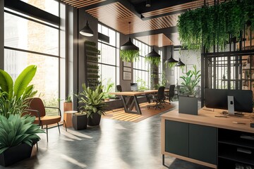 Sustainable Green Co-working Office Interior. Photo generative AI