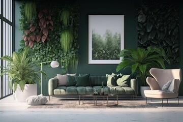 Modern Home's Green Living Room. Photo generative AI