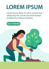A woman is planting a young tree sapling. In the hand a garden scoop. Springtime. Gardening outdoors. Caring for nature and ecology. Design for poster, banner, website. Vector flat illustration