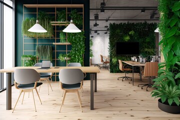 Eco-Friendly Modern Office: Tables, Chairs, Lights, Plants, Vertical Garden. Photo generative AI