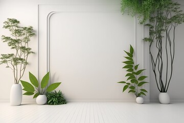 White Wall with Green Plants Empty. Photo generative AI