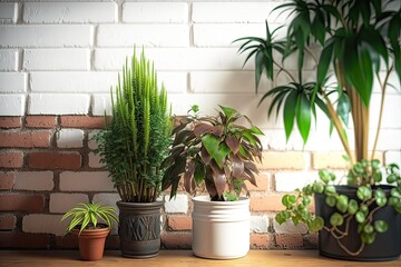 Table with potted houseplants against brick wall. Photo generative AI
