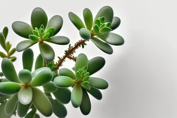 Green Crassula Leaves on White Background, Copy Space, Closeup. Photo generative AI