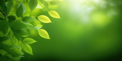 background with bright green leaves on a blurred backlit background, generative AI