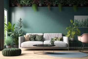 Modern Living Room Decor w/ Plants, Sofa & Green Wall. Photo generative AI