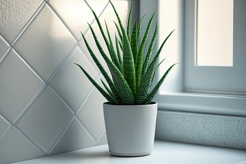 Aloe in tiled bathroom with copy space. Photo generative AI